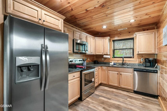 kitchen featuring wooden ceiling, appliances with stainless steel finishes, dark stone counters, and sink