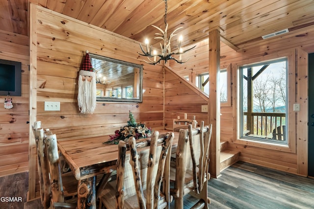 unfurnished dining area with dark wood-type flooring, wooden walls, a chandelier, and wooden ceiling