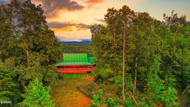 aerial view featuring a wooded view