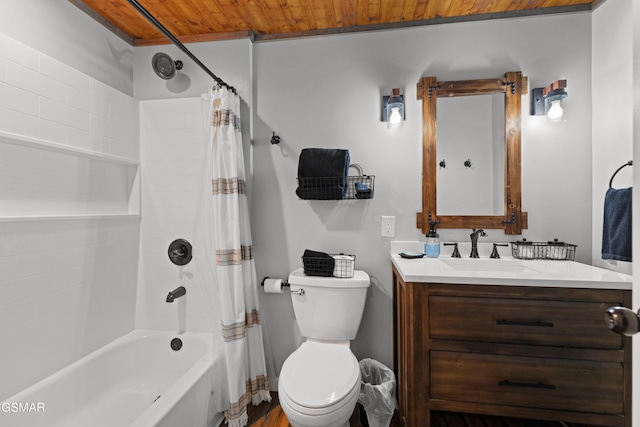 full bathroom with toilet, vanity, shower / tub combo with curtain, and wooden ceiling