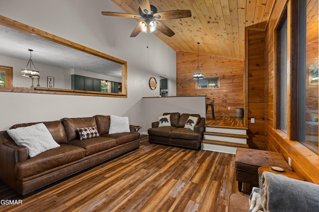 living room with high vaulted ceiling, wood-type flooring, wooden walls, wood ceiling, and ceiling fan with notable chandelier