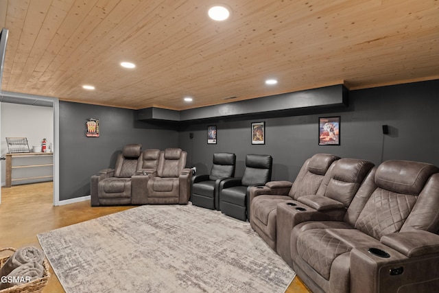 cinema room with wood ceiling