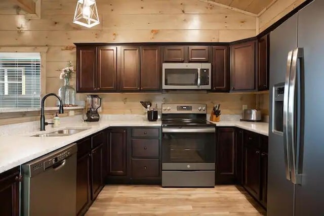 kitchen featuring appliances with stainless steel finishes, light wood-type flooring, wooden walls, sink, and lofted ceiling