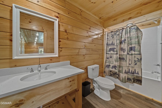 1515 Rainbow Ridge Way, Sevierville, TN 37862 - bathroom with wood finished floors, vanity, shower / bath combo with shower curtain, wooden walls, and wood ceiling
