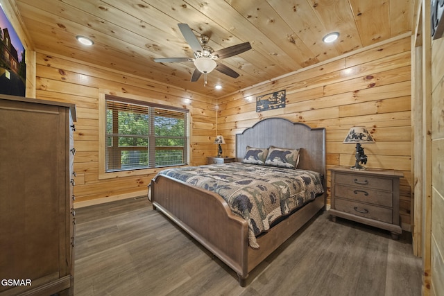 1515 Rainbow Ridge Way, Sevierville, TN 37862 - bedroom with dark wood-type flooring, wood ceiling, wood walls, recessed lighting, and ceiling fan