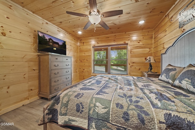1515 Rainbow Ridge Way, Sevierville, TN 37862 - bedroom with wood finished floors, wood ceiling, wood walls, recessed lighting, and ceiling fan