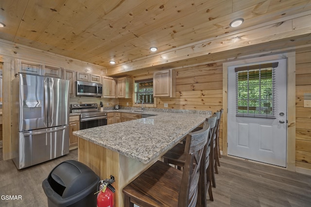1515 Rainbow Ridge Way, Sevierville, TN 37862 - kitchen with stainless steel appliances, wood finished floors, wooden ceiling, plenty of natural light, and recessed lighting