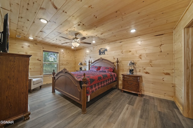 1515 Rainbow Ridge Way, Sevierville, TN 37862 - bedroom featuring wooden ceiling, wood finished floors, wooden walls, recessed lighting, and ceiling fan