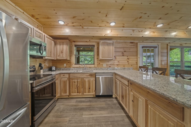 1515 Rainbow Ridge Way, Sevierville, TN 37862 - kitchen featuring stainless steel appliances, wooden ceiling, light wood-type flooring, light brown cabinetry, and healthy amount of natural light