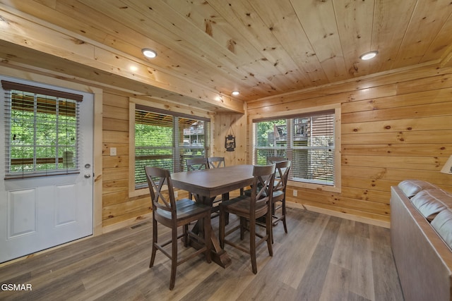 1515 Rainbow Ridge Way, Sevierville, TN 37862 - dining area with wooden ceiling, wood finished floors, wooden walls, and recessed lighting