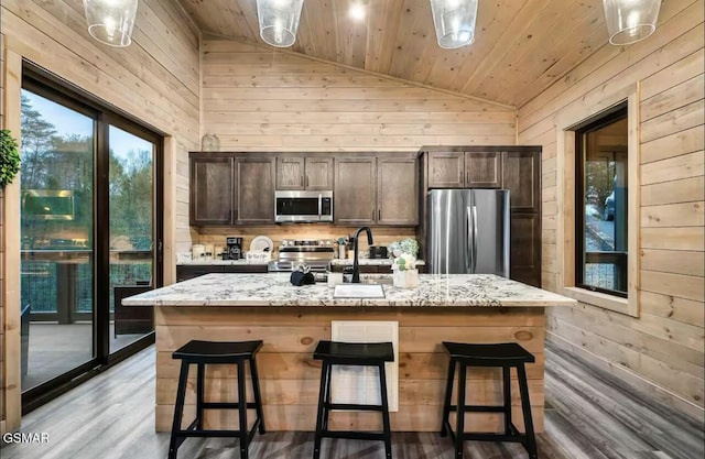 kitchen featuring vaulted ceiling, wood walls, and appliances with stainless steel finishes