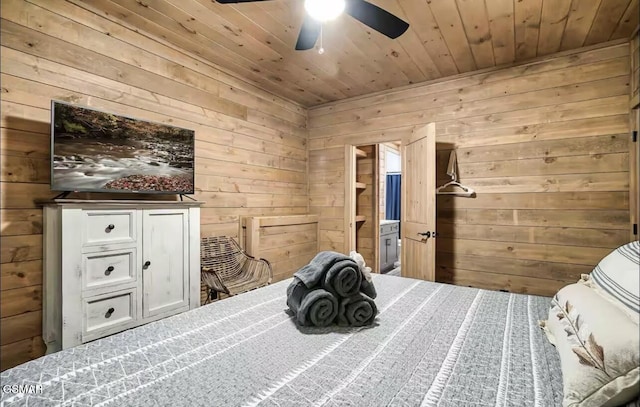 unfurnished bedroom with wooden ceiling, wood walls, and a ceiling fan
