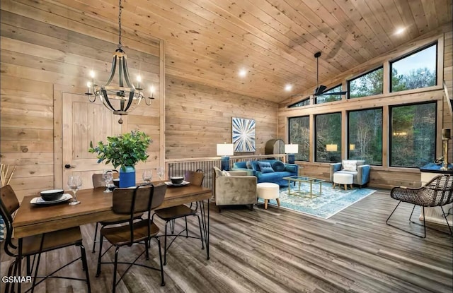 dining room featuring wood ceiling, high vaulted ceiling, wood walls, wood finished floors, and a notable chandelier