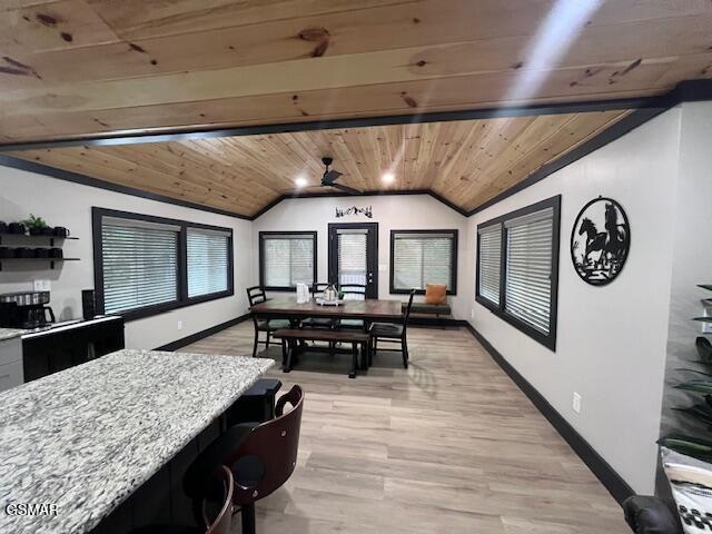 2359 Grassy Branch Rd, Sevierville, TN 37876 - dining room featuring lofted ceiling, wood ceiling, ceiling fan, and light wood-type flooring