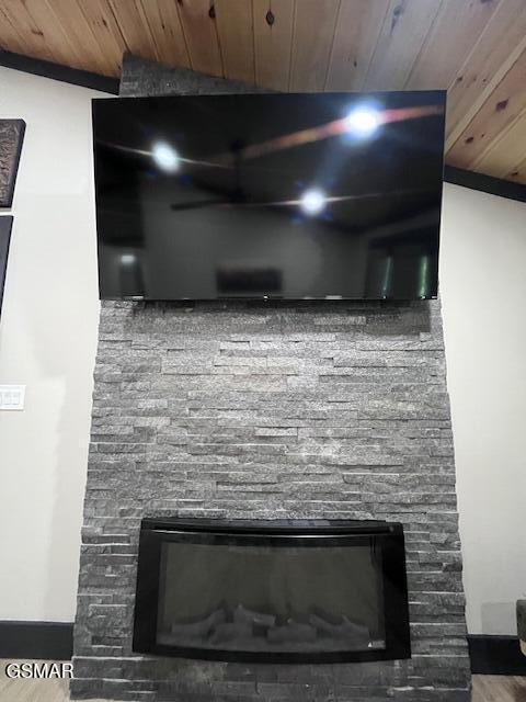 2359 Grassy Branch Rd, Sevierville, TN 37876 - detailed view of a fireplace, wooden ceiling, and wood finished floors