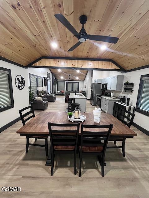 2359 Grassy Branch Rd, Sevierville, TN 37876 - dining area featuring wooden ceiling, vaulted ceiling, ceiling fan, and light wood-type flooring