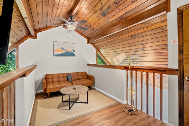 1452 N Arbon Ln, Gatlinburg, TN 37738 - living area with wooden ceiling, ceiling fan, wood finished floors, lofted ceiling, and baseboards