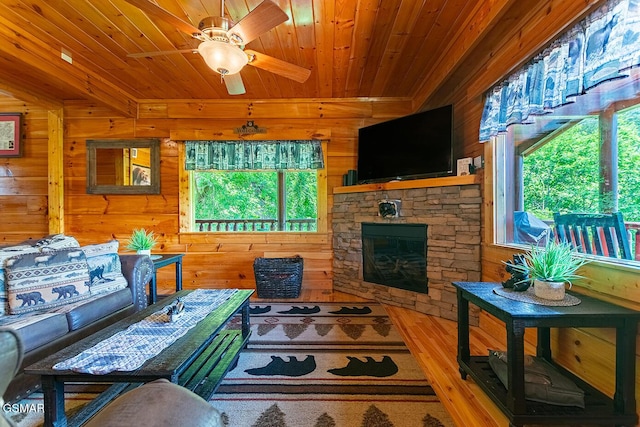 655 Stockton Dr, Sevierville, TN 37876 - living room with wooden ceiling, wooden walls, ceiling fan, a fireplace, and wood finished floors