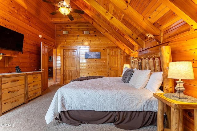 655 Stockton Dr, Sevierville, TN 37876 - carpeted bedroom featuring wood walls and wooden ceiling