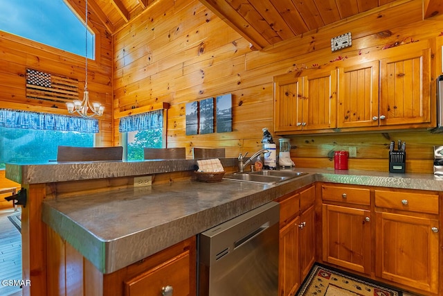 655 Stockton Dr, Sevierville, TN 37876 - kitchen featuring stainless steel dishwasher, a sink, brown cabinetry, wooden walls, and a peninsula