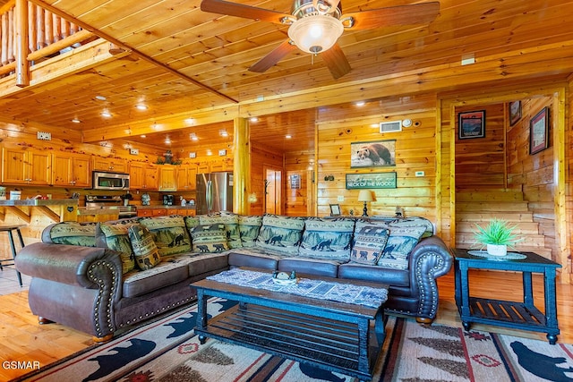 655 Stockton Dr, Sevierville, TN 37876 - living room featuring ceiling fan, wood walls, and light wood finished floors