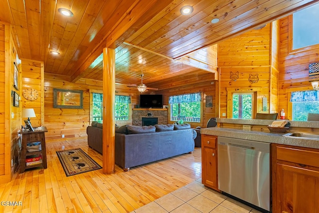 655 Stockton Dr, Sevierville, TN 37876 - living area with ceiling fan, a fireplace, wood walls, light wood finished floors, and wood ceiling