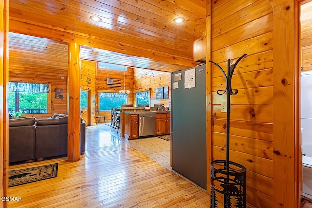 655 Stockton Dr, Sevierville, TN 37876 - hall featuring wood walls, a sink, light wood-type flooring, and wooden ceiling