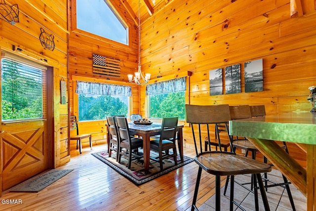 655 Stockton Dr, Sevierville, TN 37876 - dining space featuring high vaulted ceiling, wooden walls, a chandelier, and light wood finished floors