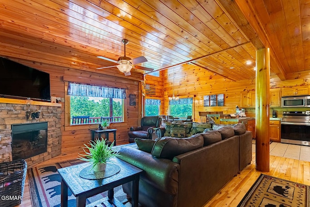 655 Stockton Dr, Sevierville, TN 37876 - living area featuring plenty of natural light, wood ceiling, a ceiling fan, wooden walls, and light wood-style flooring