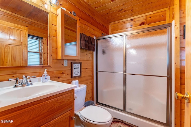 655 Stockton Dr, Sevierville, TN 37876 - bathroom with toilet, vanity, wood walls, a stall shower, and wooden ceiling