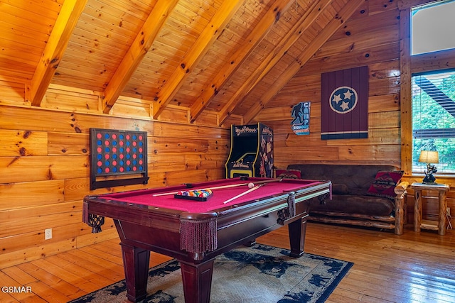 655 Stockton Dr, Sevierville, TN 37876 - game room featuring billiards, wood walls, hardwood / wood-style floors, and wood ceiling