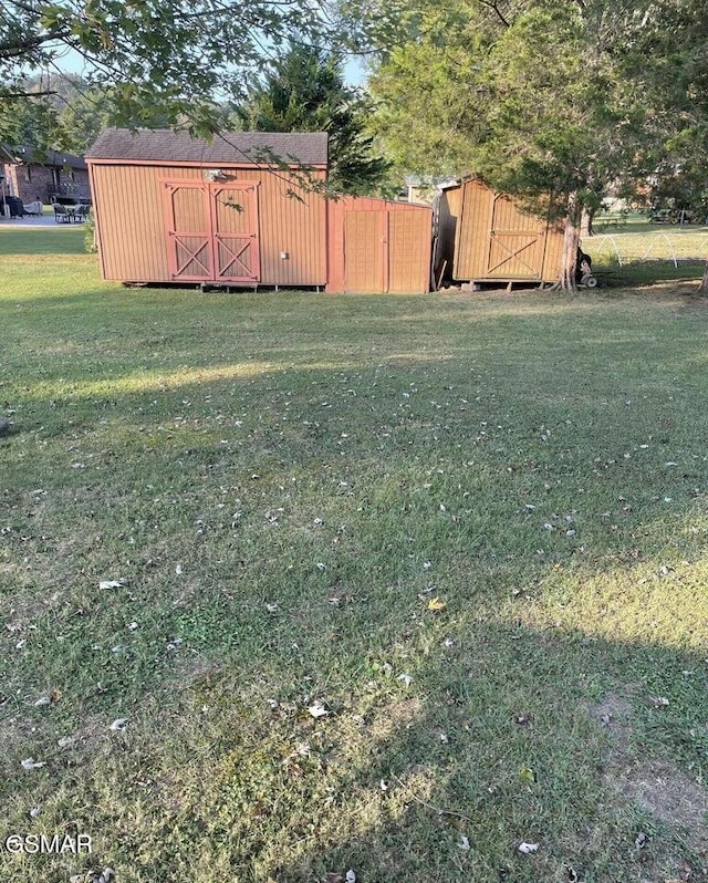 view of yard featuring a storage shed and an outdoor structure