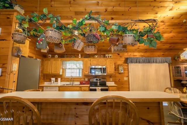 kitchen with sink, wooden ceiling, stainless steel appliances, and wooden walls