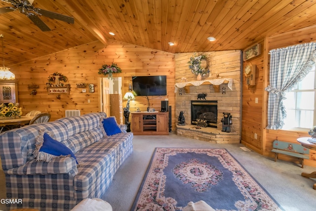 living room with carpet and wooden walls