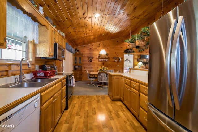 kitchen with lofted ceiling, sink, light wood-type flooring, decorative light fixtures, and stainless steel appliances