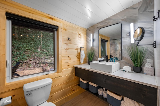 half bath featuring vanity, toilet, and wooden walls