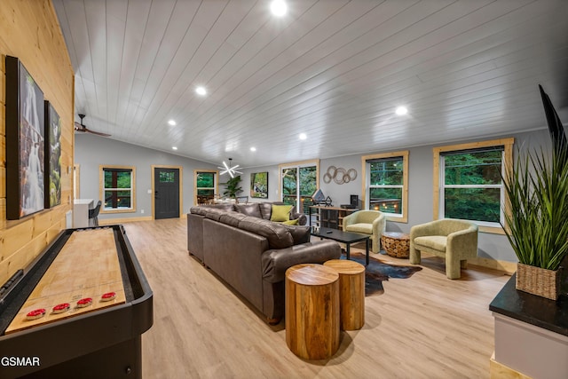 living room featuring recessed lighting, a ceiling fan, wood ceiling, vaulted ceiling, and light wood-style floors