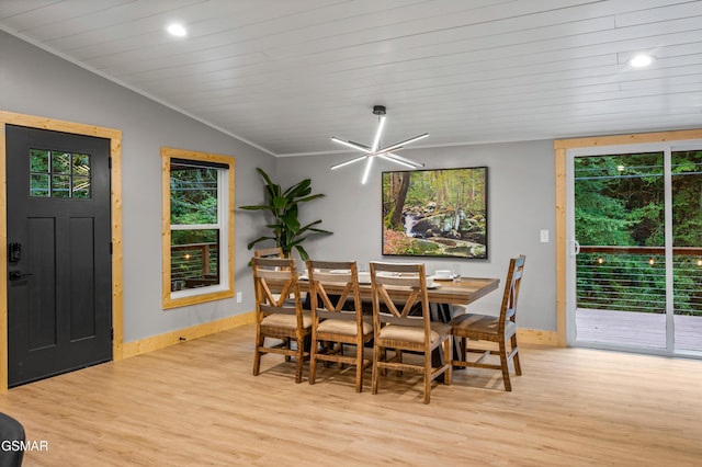 dining area featuring lofted ceiling, plenty of natural light, and wood finished floors