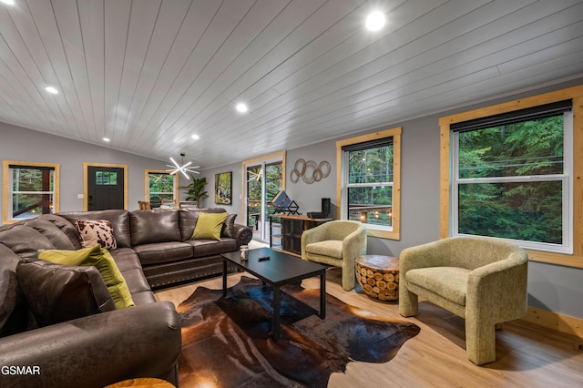 living room with lofted ceiling, wooden ceiling, wood finished floors, and recessed lighting