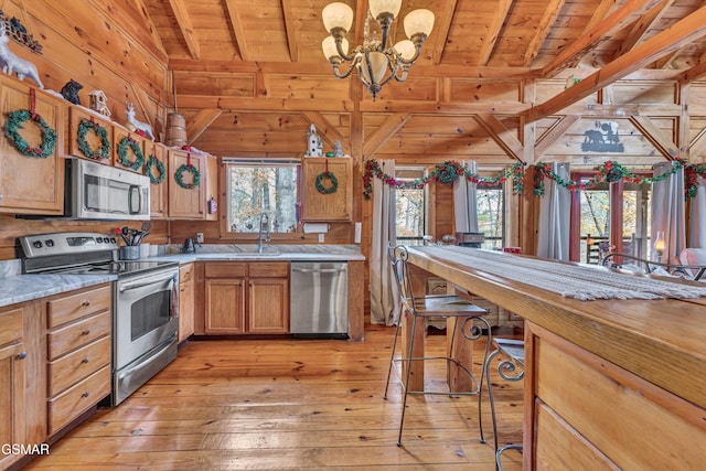 kitchen with vaulted ceiling with beams, wood ceiling, appliances with stainless steel finishes, and an inviting chandelier