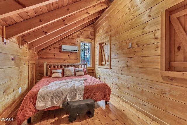 bedroom with a wall mounted AC, wood walls, wood ceiling, and lofted ceiling with beams