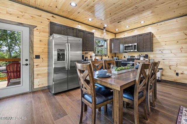 dining room with dark wood-style floors, recessed lighting, wood ceiling, and wooden walls