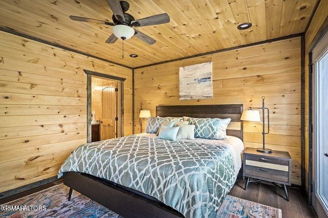 bedroom with wood walls, wood ceiling, ceiling fan, and dark wood-style flooring