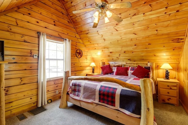 1656 Racoon Den Way, Sevierville, TN 37862 - carpeted bedroom with lofted ceiling, wood walls, wooden ceiling, and a ceiling fan