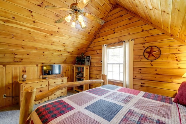 1656 Racoon Den Way, Sevierville, TN 37862 - carpeted bedroom featuring lofted ceiling, wooden ceiling, wooden walls, and a ceiling fan
