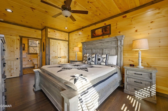 bedroom featuring recessed lighting, wood ceiling, wooden walls, and dark wood-style flooring