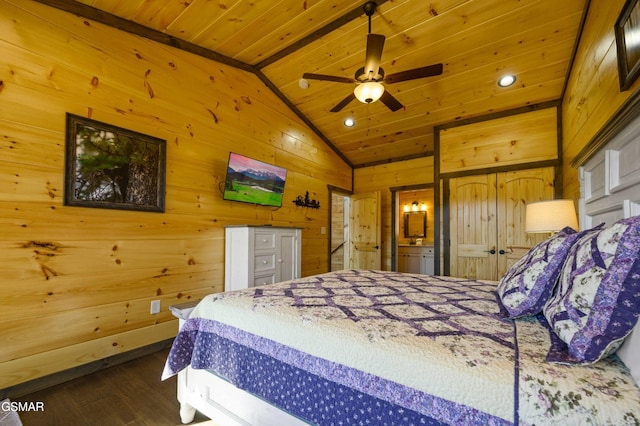 bedroom featuring lofted ceiling, wood walls, dark wood-style flooring, and wooden ceiling