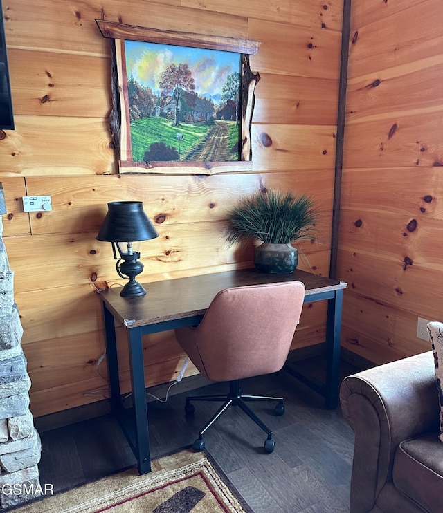 home office featuring wooden walls and wood finished floors