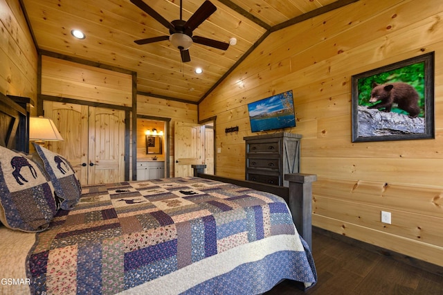 bedroom with lofted ceiling, wood ceiling, wooden walls, and dark wood finished floors