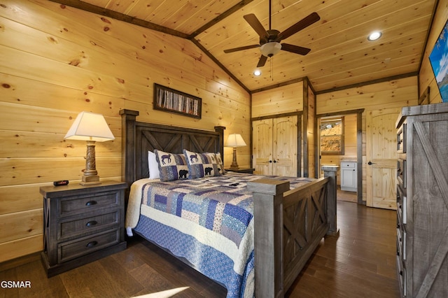 bedroom with dark wood finished floors, recessed lighting, wood ceiling, wood walls, and high vaulted ceiling